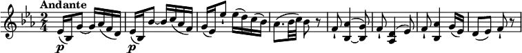 
\relative c'' {
 \version "2.18.2"
 \key ees \major
 \time 2/4
 \tempo "Andante"
   ees,16\p (bes) g'8~ g16 aes (f d)
   ees16\p (bes) bes'8~ bes16 c (aes f)
   g (ees) ees'8-! ees16 (d) c (bes)
   aes8. (bes32 c) bes8 r8
   f-! << {bes,4  ~ bes8} { aes'4 ^ (g8)} >>
   f8-! <aes, d>4 ^(ees'8)
   f8-! <bes, aes'>4 g'16 (ees)
   d8 (ees) f-! r8
  }

