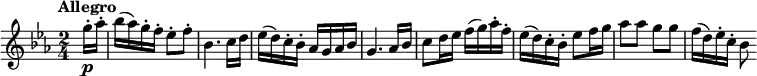 
\version "2.14.2"
\relative c'' {
  \clef "treble" 
  \key ees \major
  \time 2/4 
  \tempo "Allegro"
  \tempo 4 = 120
     \partial 4 \partial 8   g'16-.\p aes-.
     bes (aes) g-. f-. ees8-. f-.
     bes,4. c16 d
     ees (d) c-. bes-. aes g aes bes
     g4. aes16 bes
     c8 d16 ees f (g) aes-. f-.
     ees (d) c-. bes-. ees8 f16 g
     aes8 aes g g
     f16 (d) ees-. c-. bes8
 }
