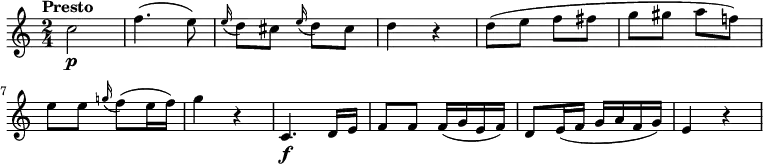 \relative c'' {
\version "2.18.2"
\key c \major
\time 2/4
\tempo "Presto"
\tempo 4 = 120
c2\p f4. (e8)
\grace e16 (d8) cis \grace e16 (d8) cis
d4 r4
d8 (e f fis g gis a f!)
e e \grace g!16 (f8) (e16 f)
g4 r4
c,,4.\f d16 e
f8 f f16 (g e f)
d8 e16 (f g a f g)
e4 r4
}
