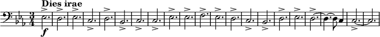 \relative c {
\set Score.tempoHideNote = ##t \tempo 2 = 72
\set Staff.midiInstrument = #"tuba"
\set Score.currentBarNumber = #127
\key c \minor
\time 3/4
\clef bass
 es2.->\f^\markup { \large \bold "Dies irae" }
 d->
 es->
 c->
 d->
 bes->
 c->
 c->
 es->
 es->
 f->
 es->
 d->
 c->
 bes->
 d->
 es->
 d~->
 d4.~ d8 c4
 c2.~->
 c2.
 }
