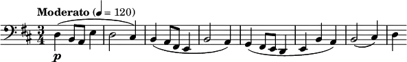\relative c { \clef bass \time 3/4 \key d \major \tempo "Moderato" 4 = 120 d\p( b8 a e'4 | d2 cis4) | b( a8 fis e4 | b'2 a4) | g4( fis8 e d4 | e b' a) | b2( cis4) | d }