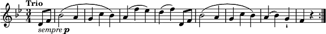 
\relative c'' {
  \version "2.18.2"
  \key bes \major
  \time 3/4
  \tempo "Trio"
  \tempo 4 = 110
  \partial4 d,8_\markup { \italic { sempre } \dynamic p } f
  bes2 (a4 g c bes)
  a (f'ees)
  d (f) d,8 f
  bes2 (a4 g c bes)
  a4 (bes) g-!
  f r4 \bar ":|."
}
