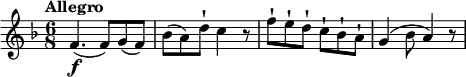\relative c'{
\version "2.18.2"
\tempo "Allegro"
\key f \major
\time 6/8
\tempo 4 = 140
f4.\f (f8) g (f) bes (a) d-! c4 r8 f8-! e-! d-! c-! bes-! a-! g4 (bes8 a4) r8
}