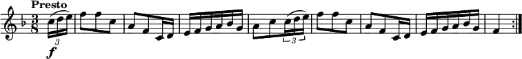 \relative c'' {
\version "2.18.2"
\key f \major
\time 3/8
\tempo "Presto"
\tempo 4 = 130
\partial 8 \tuplet 3/2 { c16 \f (d e )} f8 f c a f c16 d
e f g a bes g
a8 c \tuplet 3/2 { c16 (d e )} f8 f c a f c16 d
e f g a bes g
f4 \bar ":|."
}