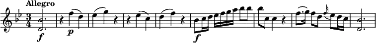 
\relative c' {
 \version "2.18.2"
 \key bes \major
 \time 3/4
 \tempo "Allegro"
   <d bes'>2.\f |
   r4 f'(\p d) |
   es4( g) r |
   r4 es( c) |
   d4( f) r |
   bes,8\f c16 d es f g a bes8 bes |
   bes8 c, c4 r |
   f8.( g16) f8 d \appoggiatura f16 es8 d16 c
   <d, bes'>2.
}
