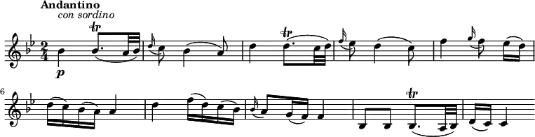 
\relative c' { 
    \version "2.18.2"
    \clef "treble" 
    \key bes  \major
    \time 2/4
    \tempo "Andantino" 
   bes'4 \p^\markup {\italic {con sordino}} bes8. \trill  (a32 bes)
   \grace d16 (c8) bes4 (a8)
   d4 d8. \trill  (c32 d)
   \grace f16 (ees8) d4 (c8)
   f4 \grace g16 (f8) ees16 [(d)]
   d (c) bes (a) a4
   d4 f16 (d) c (bes)
   \grace bes16 (a8) g16 (f) f4
   bes,8 bes  bes8. \trill  (a32 bes)
   d16 (c) c4
}
