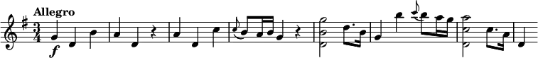 \relative c'' {
\version "2.18.2"
\tempo "Allegro"
\key g \major
\time 3/4
\tempo 4 = 110
g4\f d b' |
a4 d, r |
a'4 d, c' |
\appoggiatura c8 b a16 b g4 r |
<g' b, d,>2 d8. b16 |
g4 b' \appoggiatura c8 b a16 g |
<a c, d,>2 c,8. a16 |
d,4
}