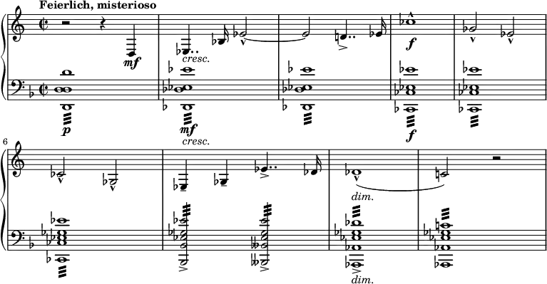 \relative c {
  \new PianoStaff <<
   \new Staff {
    \set Staff.midiInstrument = #"french horn" \clef treble \time 2/2 \set Score.tempoHideNote = ##t \tempo "Feierlich, misterioso" 2 = 55
       r2 r4 d4 \mf |
       es4.. _\markup { \italic "cresc." } bes'16 es2 -^ ~ |
       es2 d!4.. -> es16 |
       ces'1 -^ \f |
       ges2 -^ es2 -^ | 
       ces2 -^ ges2 -^ | 
       es4 -- ges4 -- es'4.. -> des16 |
       des1 -^ _\markup { \italic "dim." } ( |
       c!2 ) r2 | 
     }
  \new Staff {
   \set Staff.midiInstrument = #"string ensemble 1" \key d \minor \clef bass
      < d d, d d, >1:32 \p |
      < es es, des des, >1: \mf _\markup { \italic "cresc."} |
      < es es, des des, >1: |
      < es es, ces ces, >1: \f |
      < es es, ces ces, >1: |
      < es ges, es ces ces, >1: |
      < es ges, es bes bes, >2: ->  < es ges, es beses beses, >2: -> |
      < des ges, es aes, aes, >1: _\markup { \italic "dim."} -> |
      < c! ges es aes, aes, >1:
    }
  >>
}