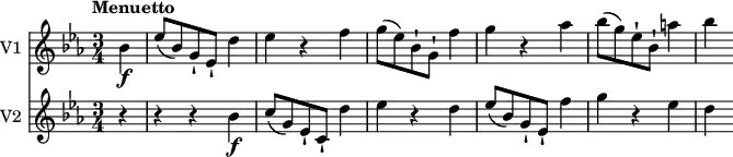<<
\new Staff \with { instrumentName = #"V1 "}
\relative c'' {
\version "2.18.2"
\key ees \major
\tempo "Menuetto"
\time 3/4
\tempo 4 = 110
\partial4 \partial4 bes4\f ees8 (bes ) g-! ees-! d'4
ees4 r4 f
g8 (ees) bes-! g-! f'4
g r4 aes
bes8 (g) ees-! bes-! a'4 bes
}
\new Staff \with { instrumentName = #"V2 "} \relative c'' {
\key ees \major
\tempo "Menuetto"
\time 3/4
\partial4 \partial4 r4 r4 r4 bes4\f
c8 (g) ees-! c-! d'4
ees4 r4 d
ees8 (bes) g-! ees-!
f'4 g r4 ees d
}
>>