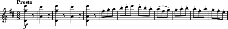
\relative c'' {
\version "2.18.2"
 \key d \major 
 \time 3/8
 \tempo "Presto"
   <d, fis' d'>4\f r8
   <a' cis'>4 r8
   <d, fis' d'>4 r8
   <a' cis'>4 r8
   <d, a' d'>4 r8
   fis'-. g-.-. a
   b-. cis-. d-.
   cis-. b-. a-.
   a (fis g)
   g-. a-. b-.
   a-. fis-. a-.
   g-. fis-. e-.
}
