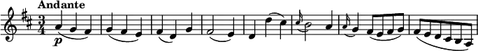 \relative c'' {
\version "2.18.2"
\key d \major
\time 3/4
\tempo "Andante"
\tempo 4 = 90
a4\p (g fis)
g (fis e)
fis (d) g
fis2 (e4)
d d' (cis)
\grace cis16 (b2) a4
\grace a16 (g4) fis8 (e fis g)
fis (e d cis b a)
}