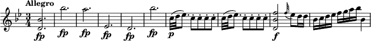 \relative c' {
\version "2.18.2"
\clef "treble"
\key bes \major
\time 3/4
\tempo "Allegro"
<d bes'>2. \fp bes'' \fp a \fp ees, \fp d \fp bes'' \fp
c,32\p (d ees8.) c8-. c8-. c8-. c8-. c32 (d ees8.) c8-. c8-. c8-. c8-.
<d, bes' f'>2\f \grace f'32 (ees8) d16 d
bes c d ees f g a bes bes,4
}