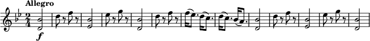
\relative c'' {
 \version "2.18.2"
 \clef "treble"
 \tempo "Allegro"
 \key bes \major
 \time 2/4
   <d, bes'>2\f
   d'8 r8 f8 r8
   <ees, bes'>2
   ees'8 r8 g8 r8
   <d, bes'>2
   d'8 r8 f8 r8
   f16 (ees8.) d16 (c8.)
   d16 (c8.) bes16 (a8.)
   <d, bes'>2
   d'8 r8 f8 r8
   <ees, bes'>2
   ees'8 r8 g8 r8
   <d, bes'>2
}

