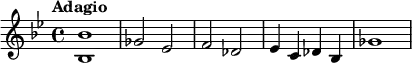{ \time 4/4 \key bes \major \tempo "Adagio" \relative c' { <bes bes'>1 ges'2 es f2 des ees4 c4 des bes ges'1} }