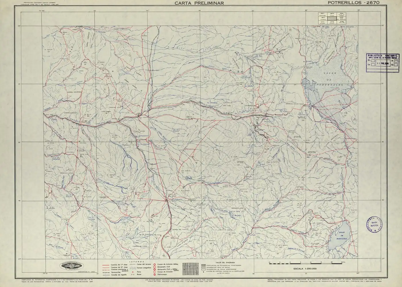 La cuenca de la quebrada de Chañaral Alto en un mapa del Instituto Geográfico Militar (Chile) publicado en 1954 en una escala de 1:250000.