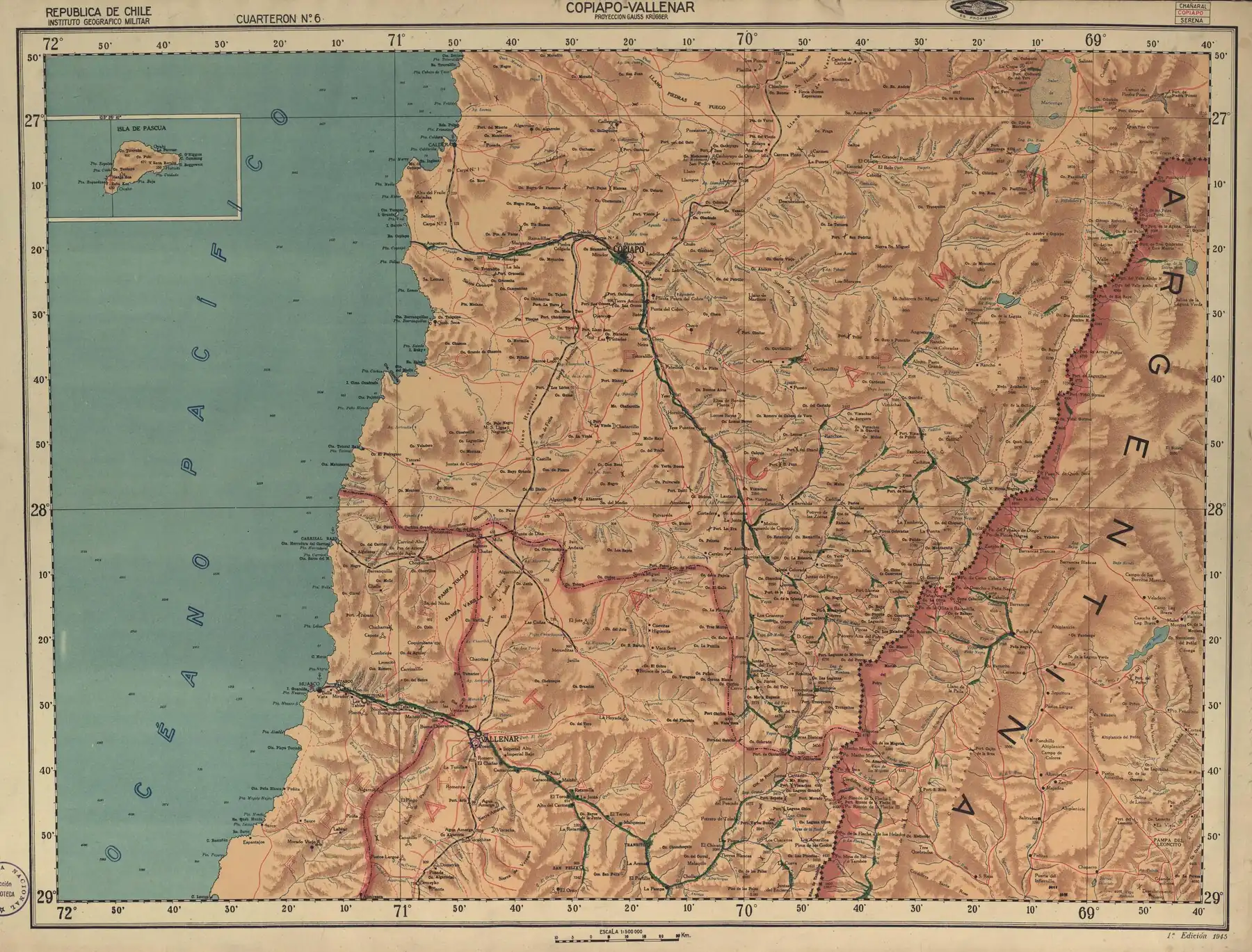 La quebrada en un mapa del Instituto Geográfico Militar de Chile publicado en 1945 con una escala de 1:500000. Ver también el mapa de la zona del IGM publicado en 1954 en una escala de 1:250000.