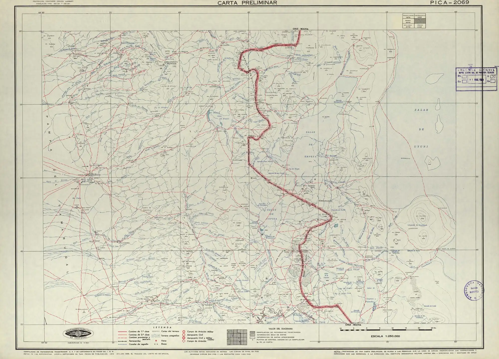 La cordillera de Sillillica en una sección de un mapa del Instituto Geográfico Militar de Chile publicado en 1954 en una escala de 1:250000.