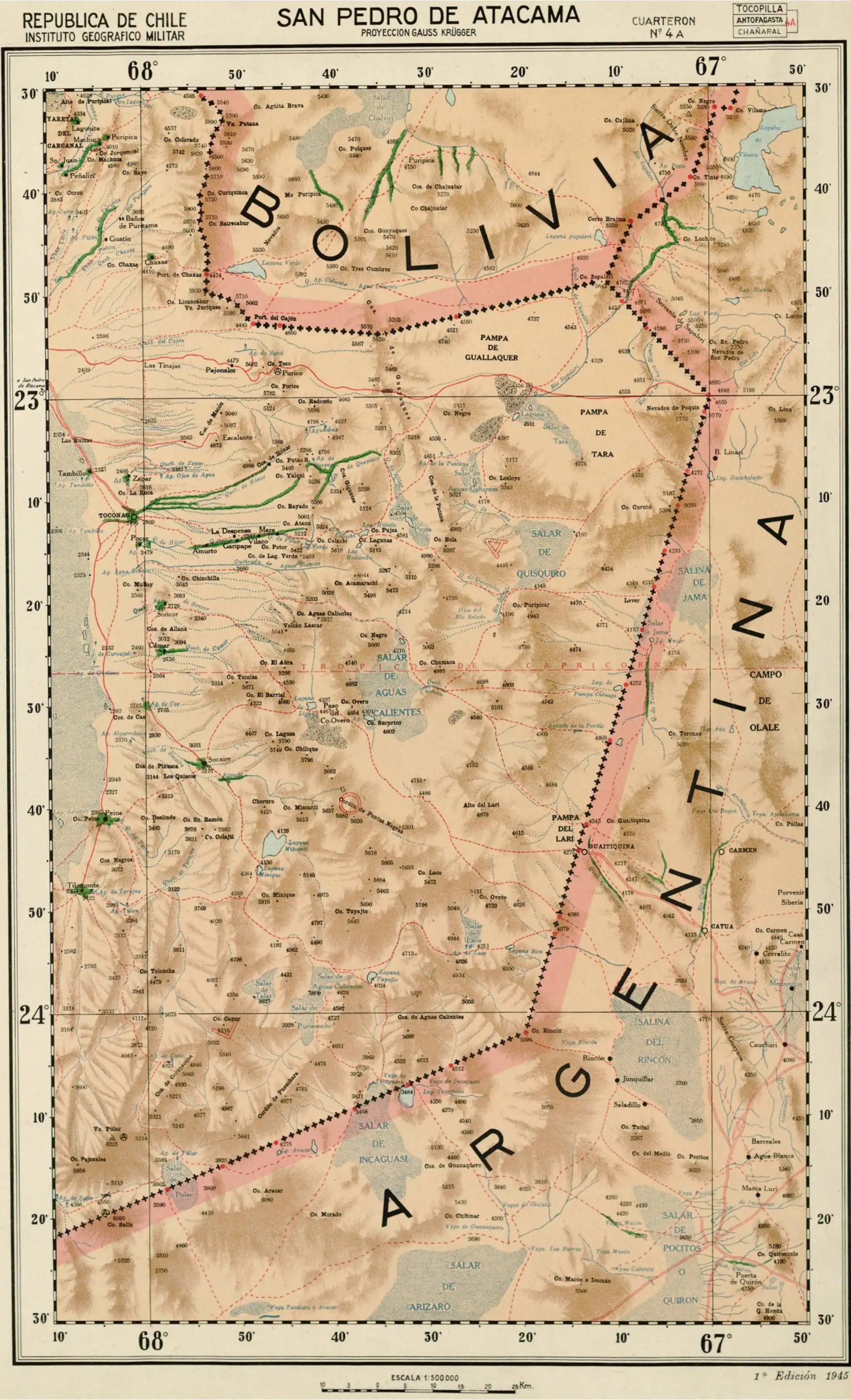 Mapa de la zona publicado en 1945 por el Instituto Geográfico Militar de Chile en una escala 1:500000.