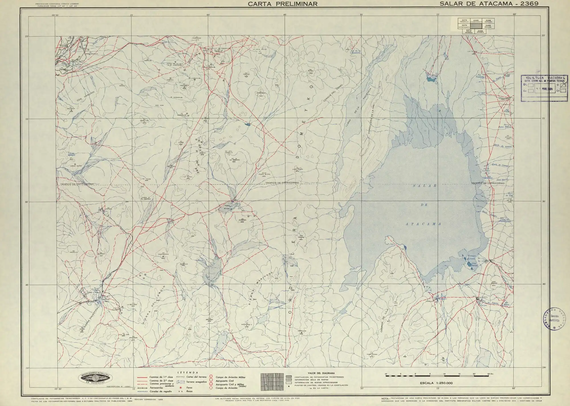 Aguada de La Escalera en un mapa de la zona publicado en 1953 por el Instituto Geográfico Militar de Chile en una escala 1:250000.