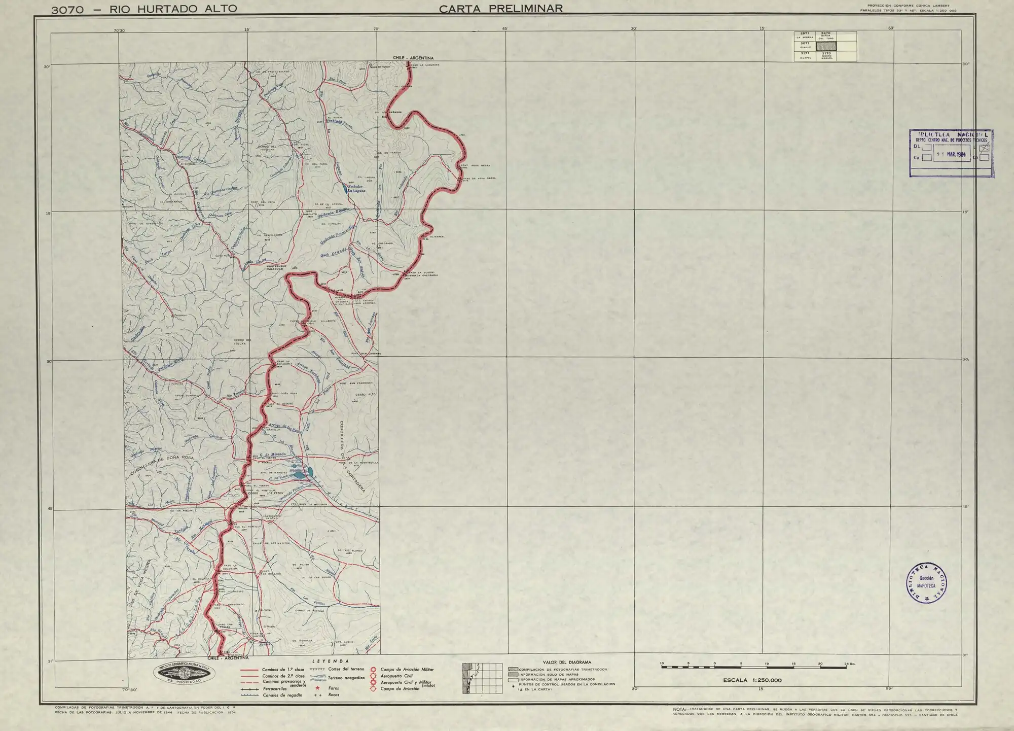 Mapa de la zona publicado por el Instituto Geográfico Militar (Chile) en 1950 en una escala de 1:250000. Al este está ubicado el Paso de Agua Negra.