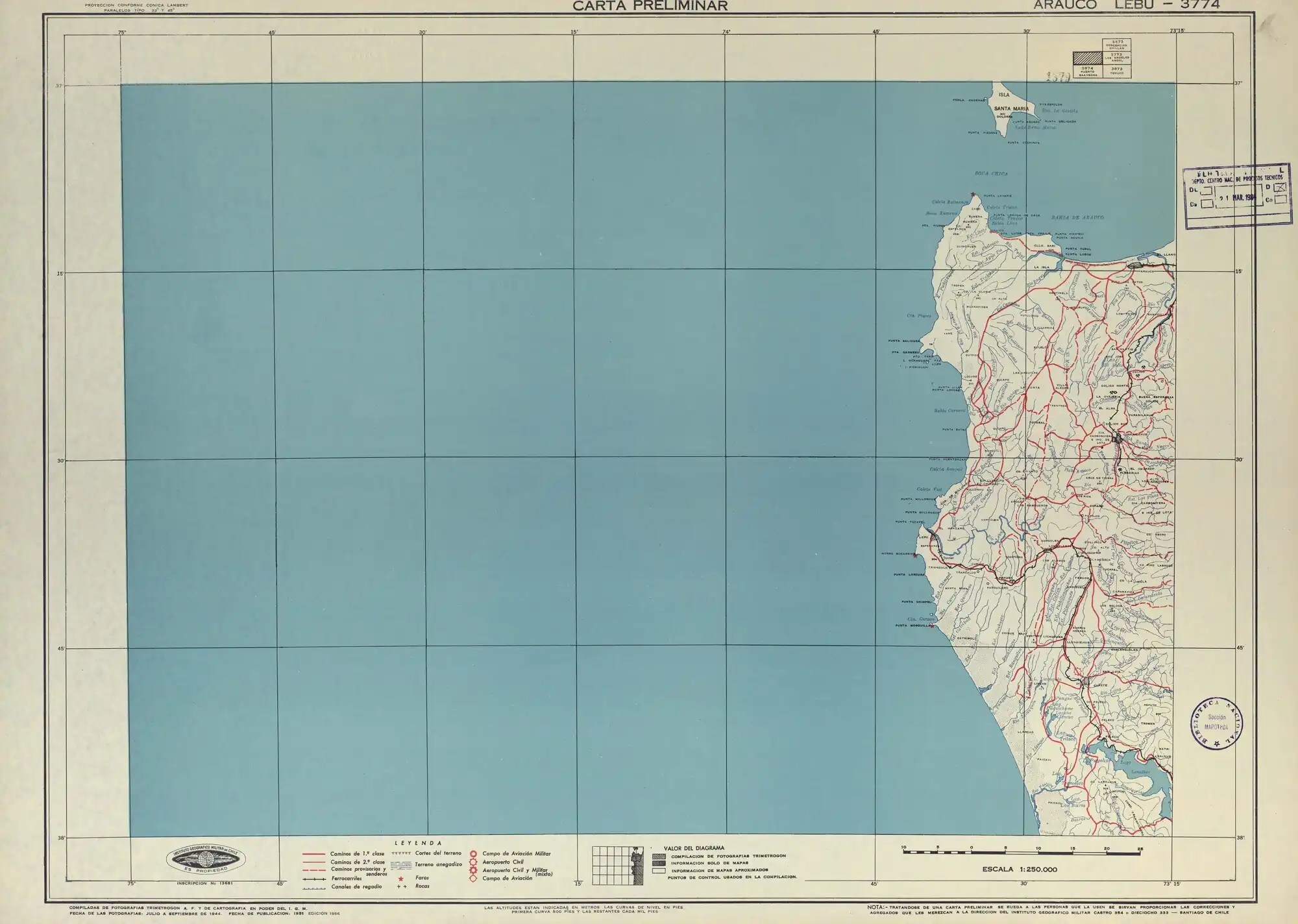 Río Tubul en un mapa del Instituto Geográfico Militar (Chile) publicado en 1951 en una escala de 1:250000.