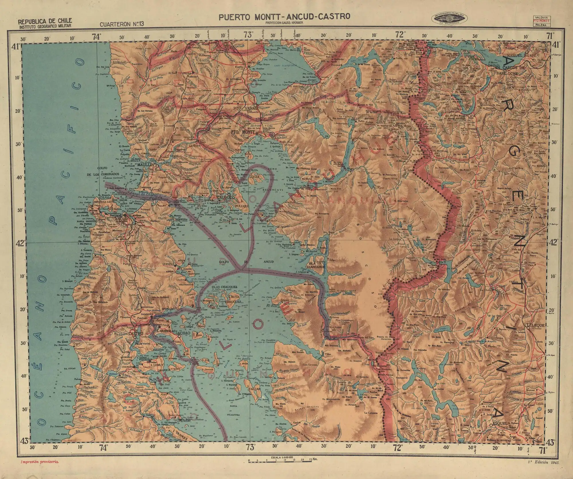 Mapa publicado por el Instituto Geográfico Militar de Chile en 1945 en una escala 1:500000.