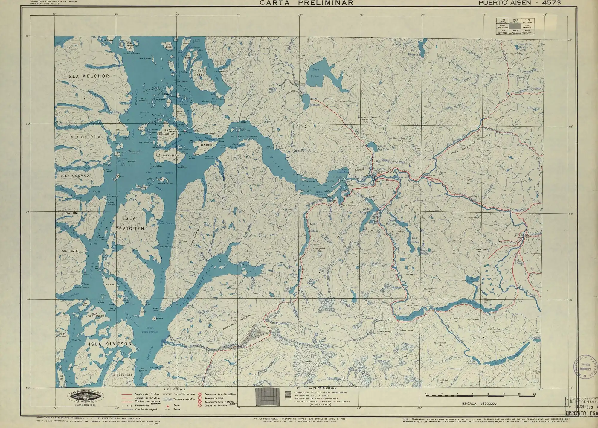 El río Huemules y el volcán en un mapa del Instituto Geográfico Militar de Chile publicado en 1953 en una escala de 1:250000.