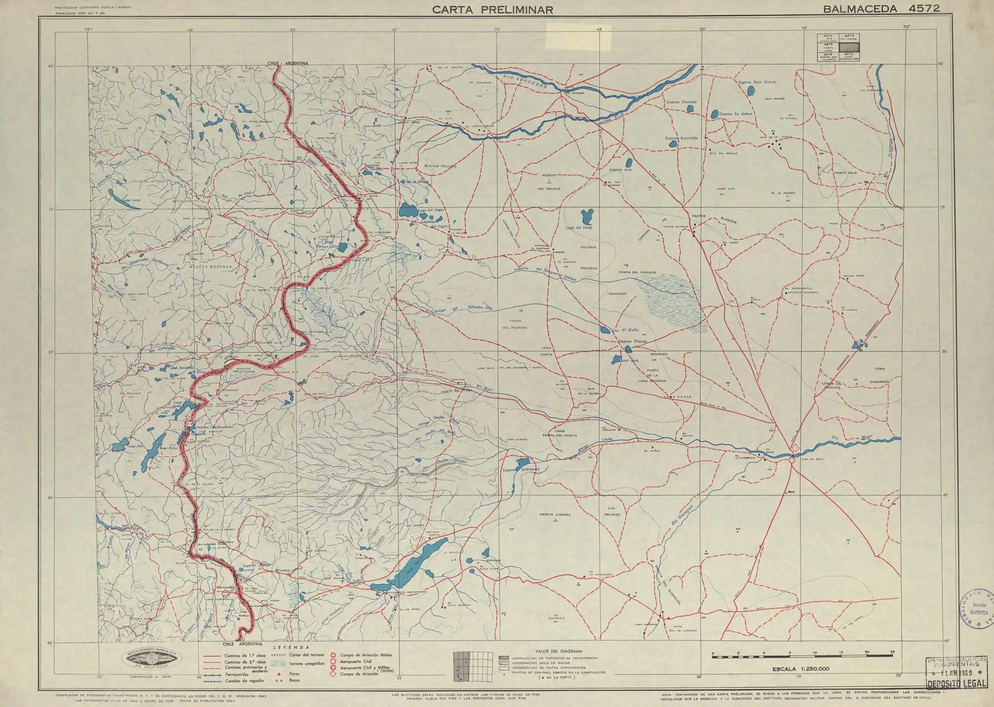 Mapa de la zona publicado en 1953 por el Instituto Geográfico Militar de Chile con una escala de 1:250000.