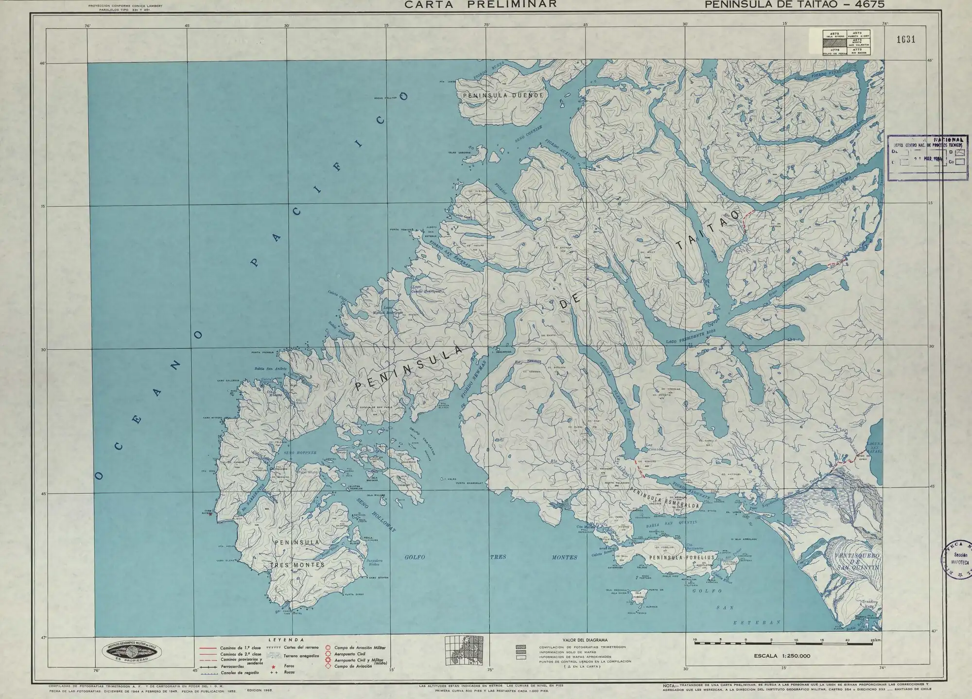 Los lagos Camilo Henríquez y Manuel Rodríguez en una sección de un mapa del Instituto Geográfico Militar de Chile publicado en 1952 con una escala de 1:250000.