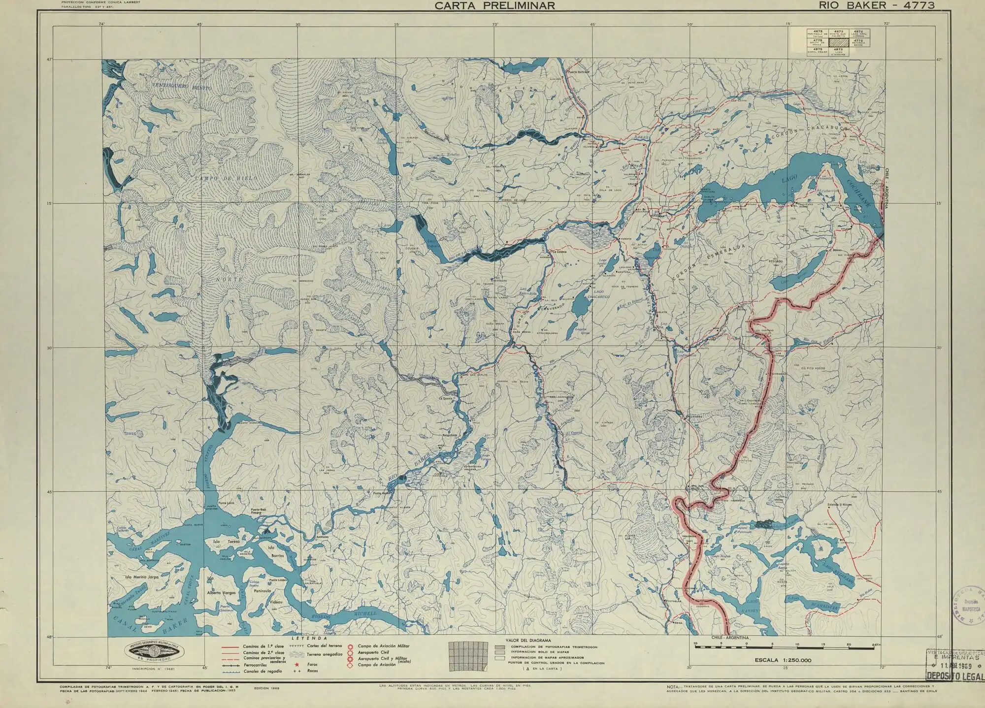 El río Los Ñadis (Baker) y el río del Salto (Baker) y el lago Juncal en un mapa del Instituto Geográfico Militar de Chile publicado en 1953 con una escala de 1:250000.