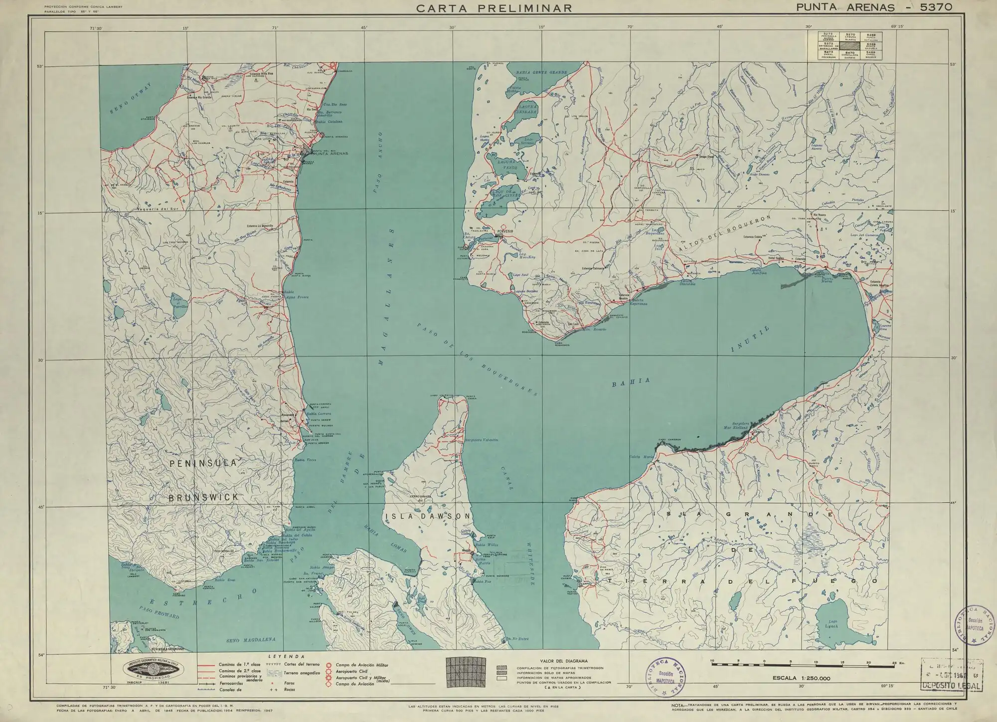 La cuenca alta del río Oscar, en un mapa del Instituto Geográfico Militar de Chile publicado en 1954 en una escala de 1:250.000.