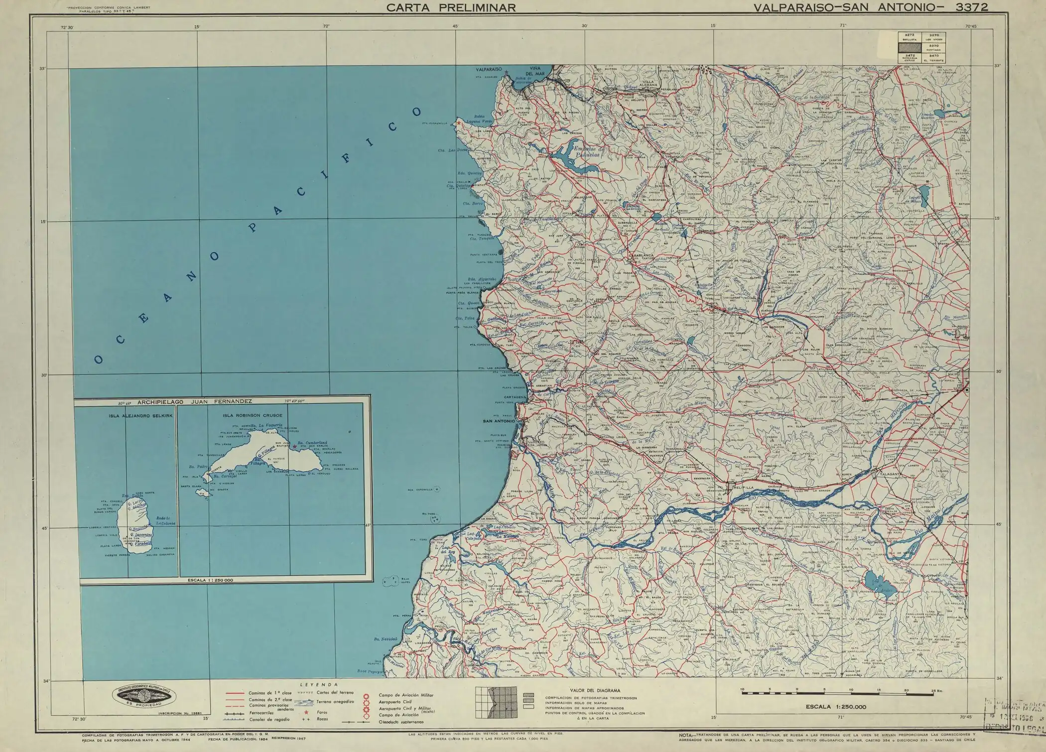 La cuenca del Yali en un mapa de la zona publicado por el Instituto Geográfico Militar de Chile en 1954 en una escala de 1:250000. Ver también el mapa de Luis Risopatrón de Santiago y Valparaíso.