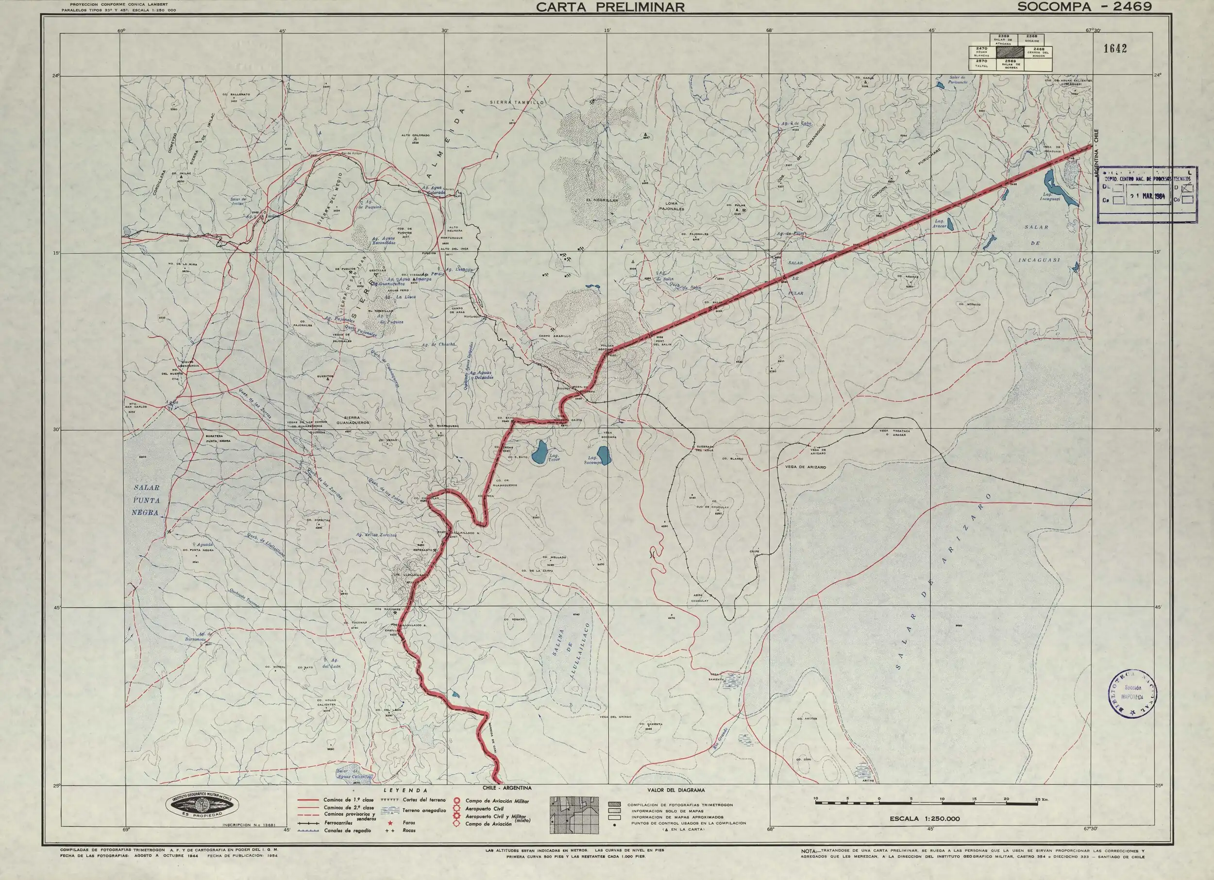 Quebrada de las Zorras en un mapa del Instituto Geográfico Militar (Chile) publicado en 1954 con una escala de 1:250000.