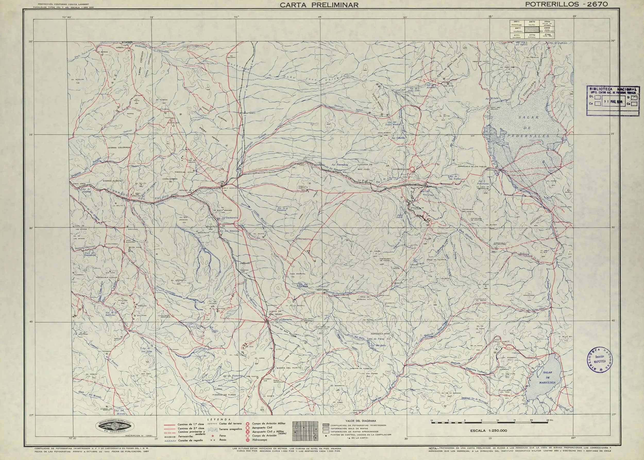El río de la Sal en una sección del mapa del Instituto Geográfico Militar de Chile publicado en 1954 con una escala de 1:250000.