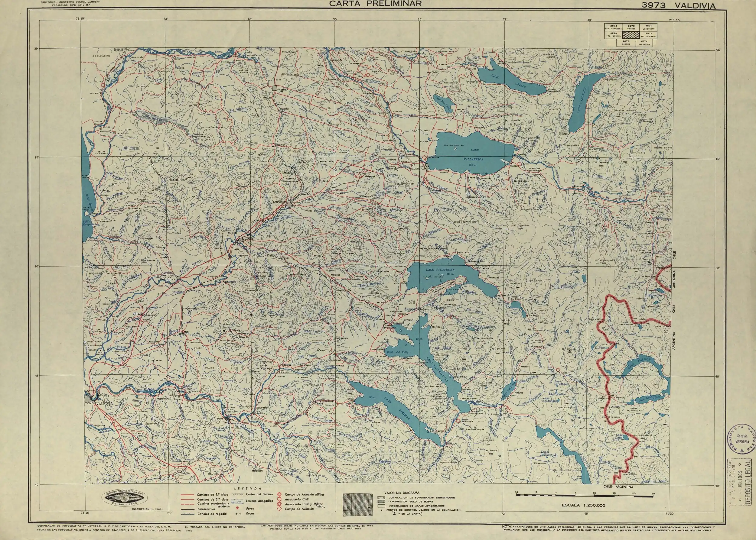 El río Voipir en la sección de un mapa del Instituto Geográfico Militar de Chile publicado en 1953 con una escala de 1:250000.