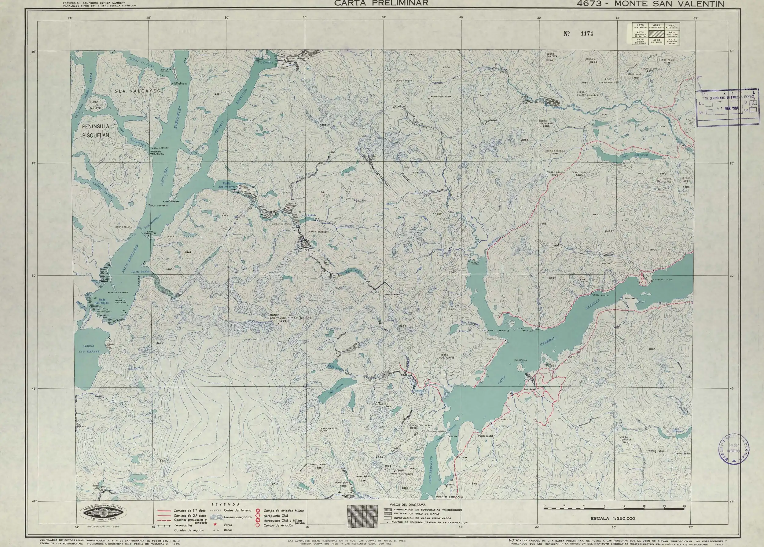 La bahía y el río Exploradores, al noreste de la laguna San Rafael en un mapa del Instituto Geográfico Militar (Chile) publicado en 1953 con una escala de 1:250000.