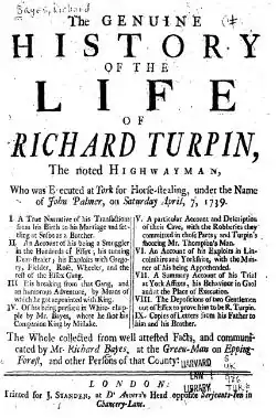 Página inicial de un libro, titulado "The Genuine HISTORY of the LIFE of RICHARD TURPIN"