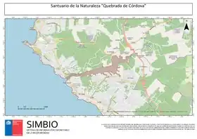 Cartografía del Santuario de La Naturaleza Quebrada de Córdova (destacado en polígono de color rojo ladrillo) y su entorno.