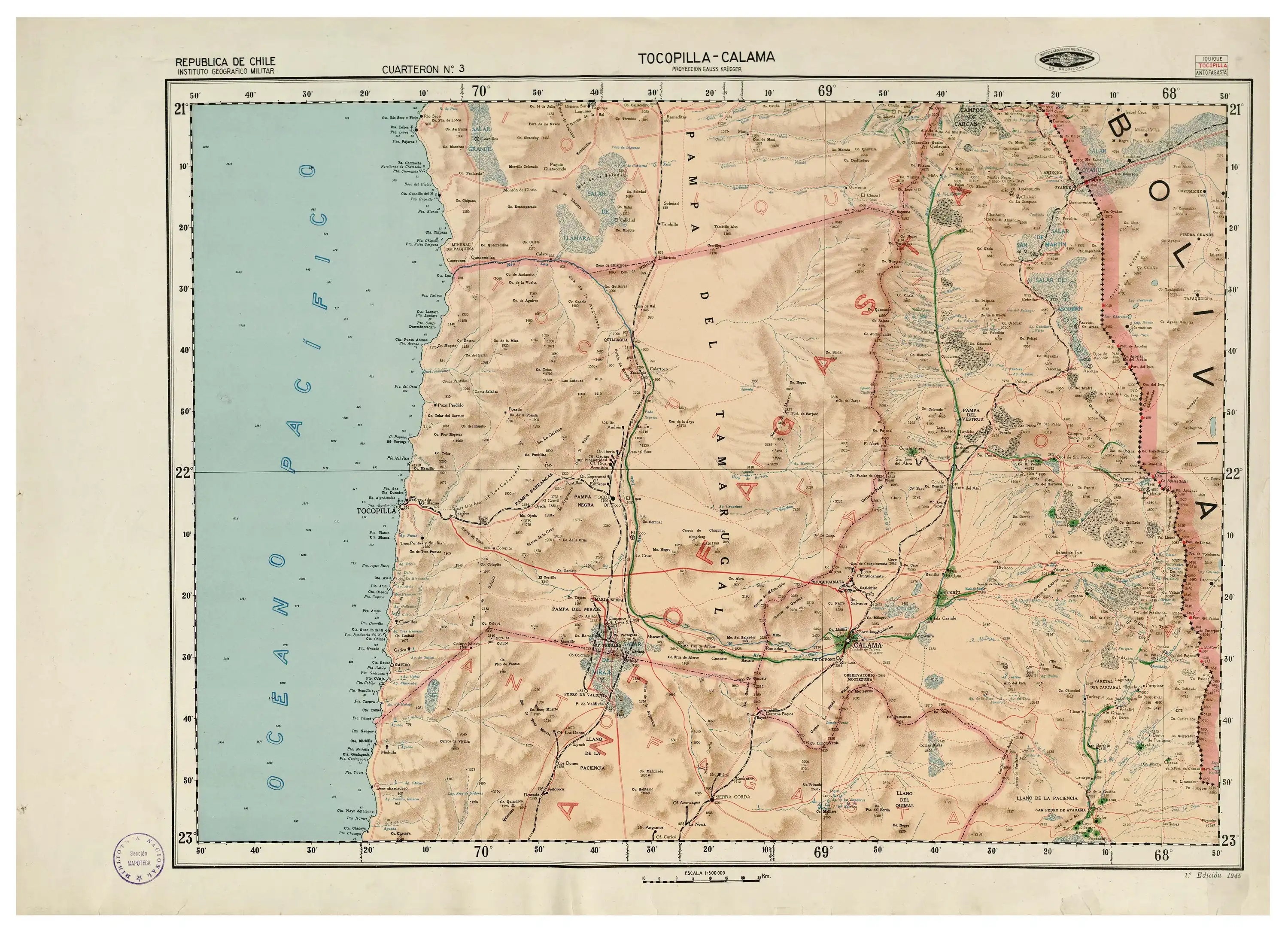Mapa publicado en 1945 con una escala de 1:500000 por el Instituto Geográfico Militar de Chile con la cordillera de la Sal