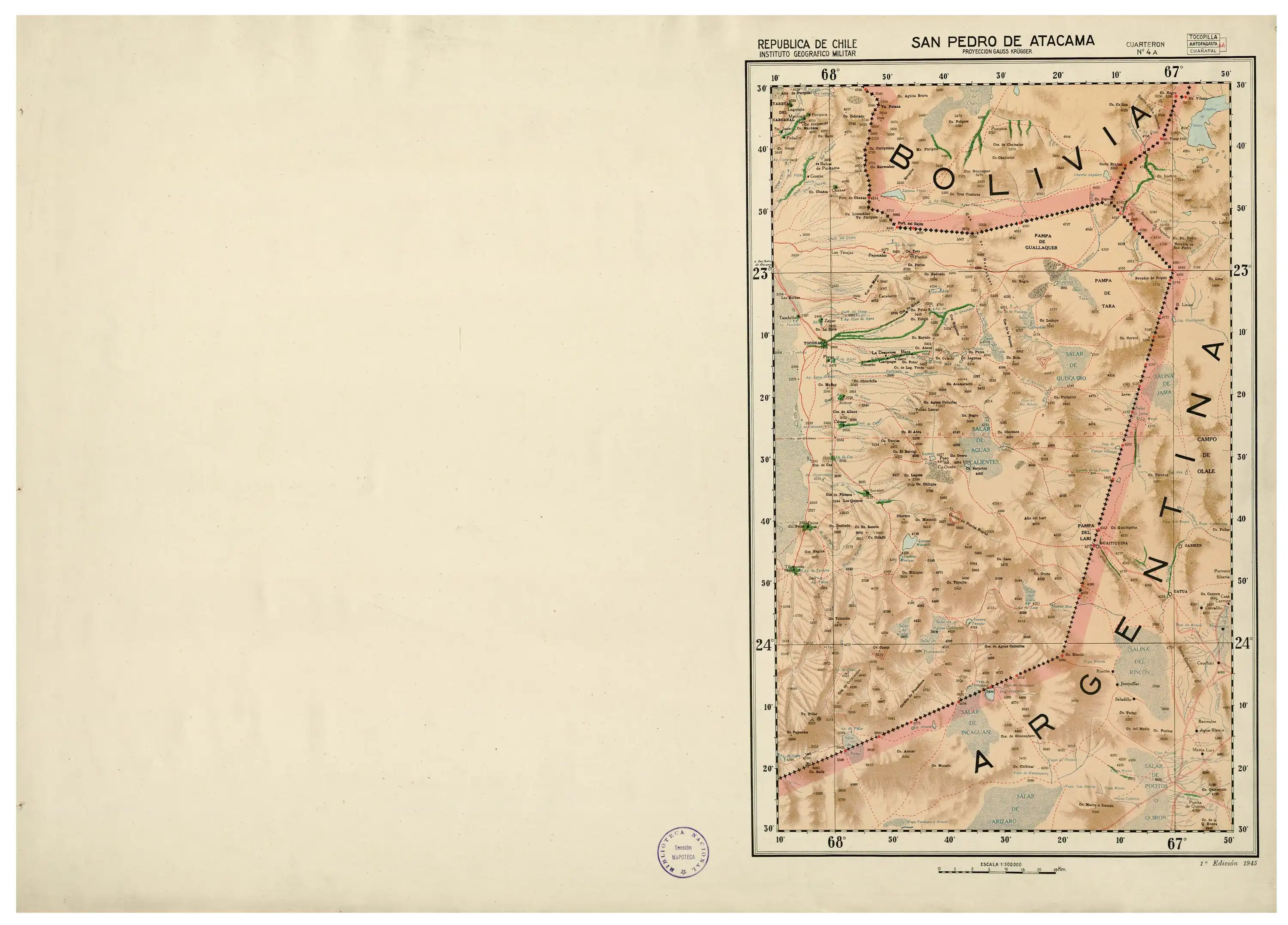 Parte chilena de la Puna de Atacama en un mapa del Instituto Geográfico Militar (Chile) publicado en 1945 en escala 1:500.000.
