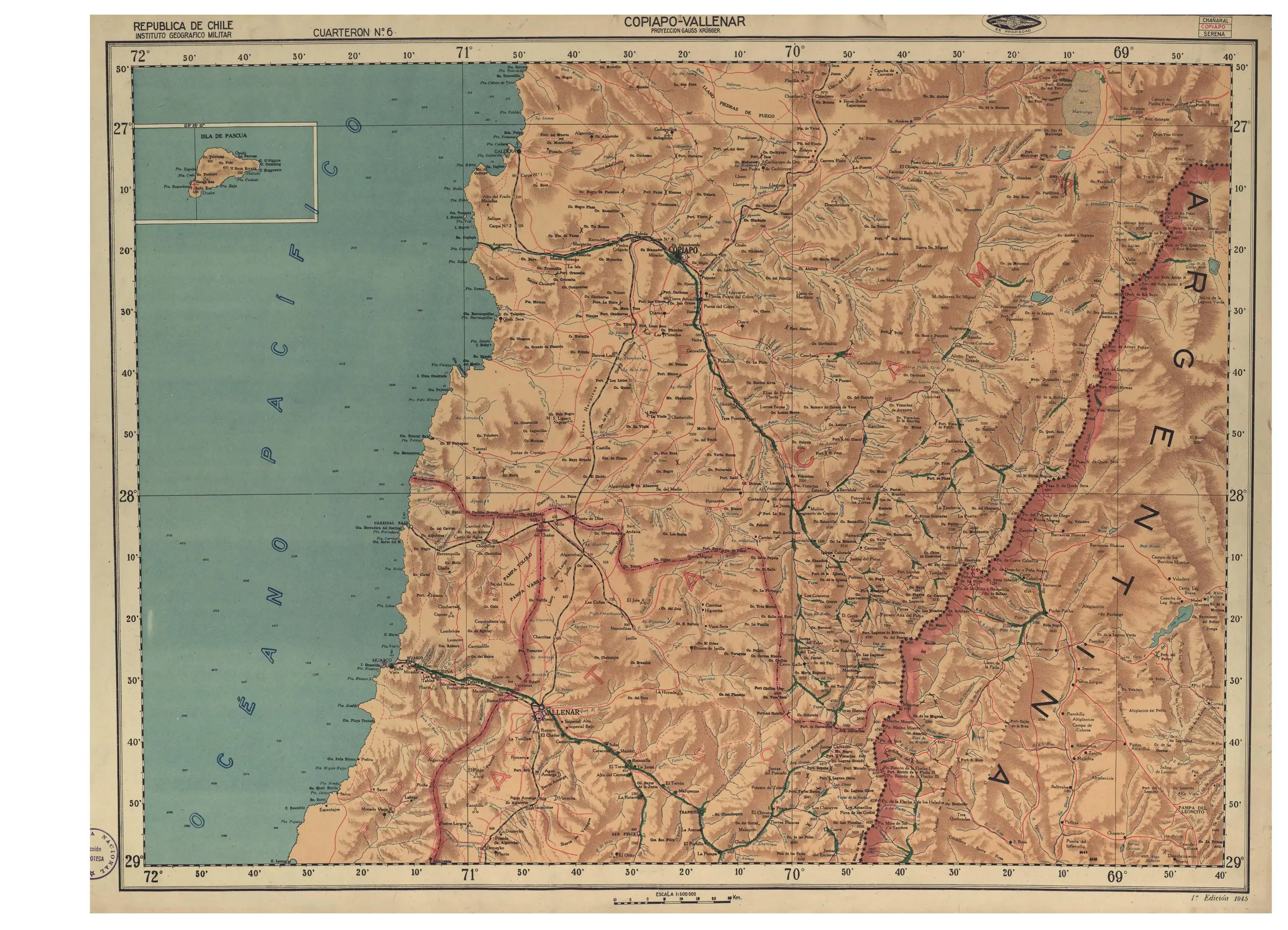 La quebrada en una sección de un mapa del Instituto Geográfico Militar de Chile publicado en 1945 con una escala de 1:500000. Ver también el mapa de la zona del IGM publicado en 1954 en una escala de 1:250000. La ciudad de Copiapó está en dirección suroeste, fuera de la sección.