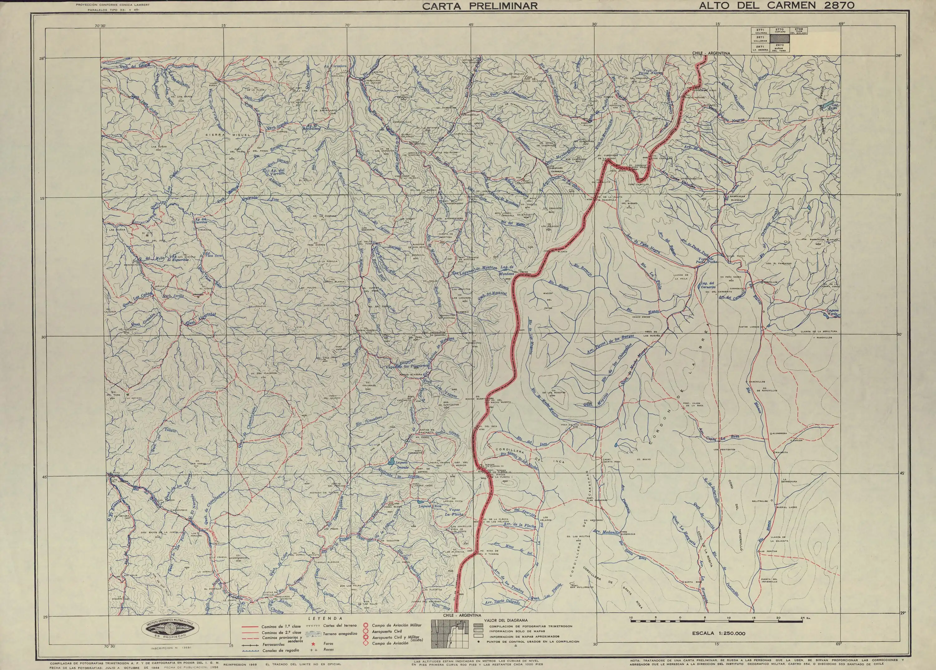 Mapa de la zona publicado en 1956 con una escala de 1:250000 por el Instituto Geográfico Militar de Chile.