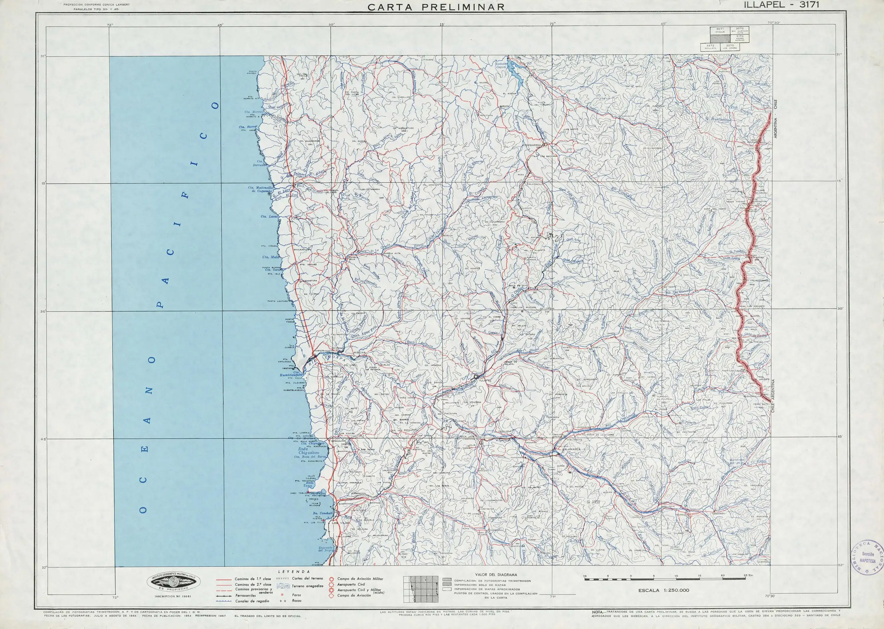 Sección de un mapa de la zona del Instituto Geográfico Militar de Chile publicado en 1954 con una escala de 1:250000.