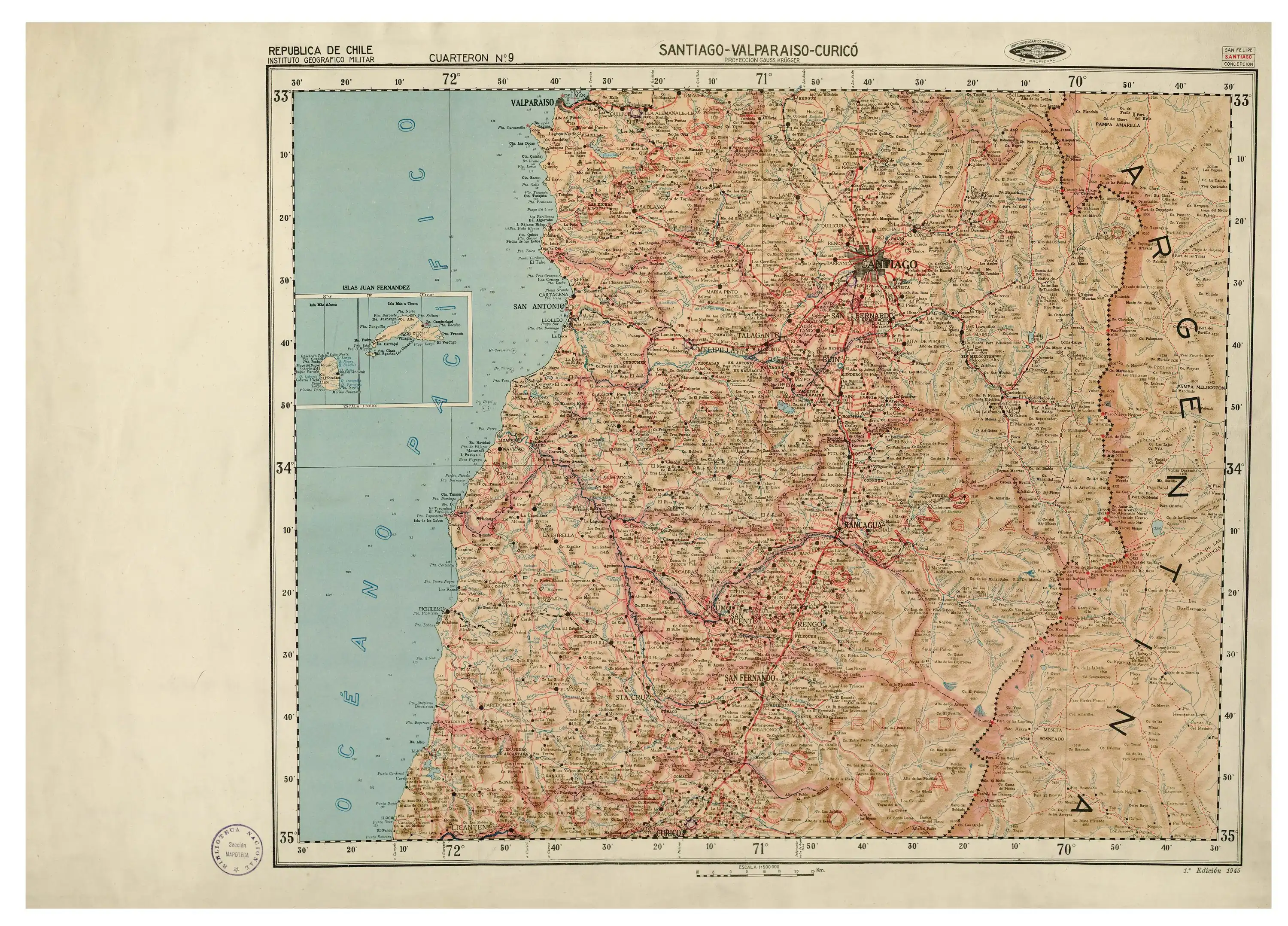 Los baños en el cuadrante inferior derecho de una sección del mapa publicado por el Instituto Geográfico Militar de Chile en 1945 con una escala de 1:500000. ver también el mapa de la zona del IGM de 1954.