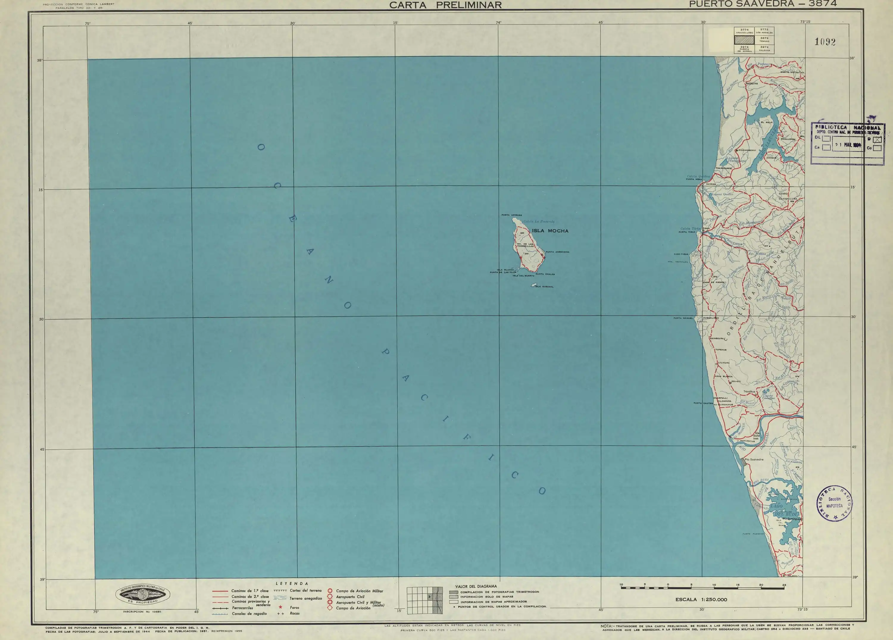El lago en una sección de un mapa del Instituto Geográfico Militar de Chile publcado en 1951 con una escala 1:250000. Ver también el mapa de la zona publicado por las FF. AA. de los Estados Unidos de América.