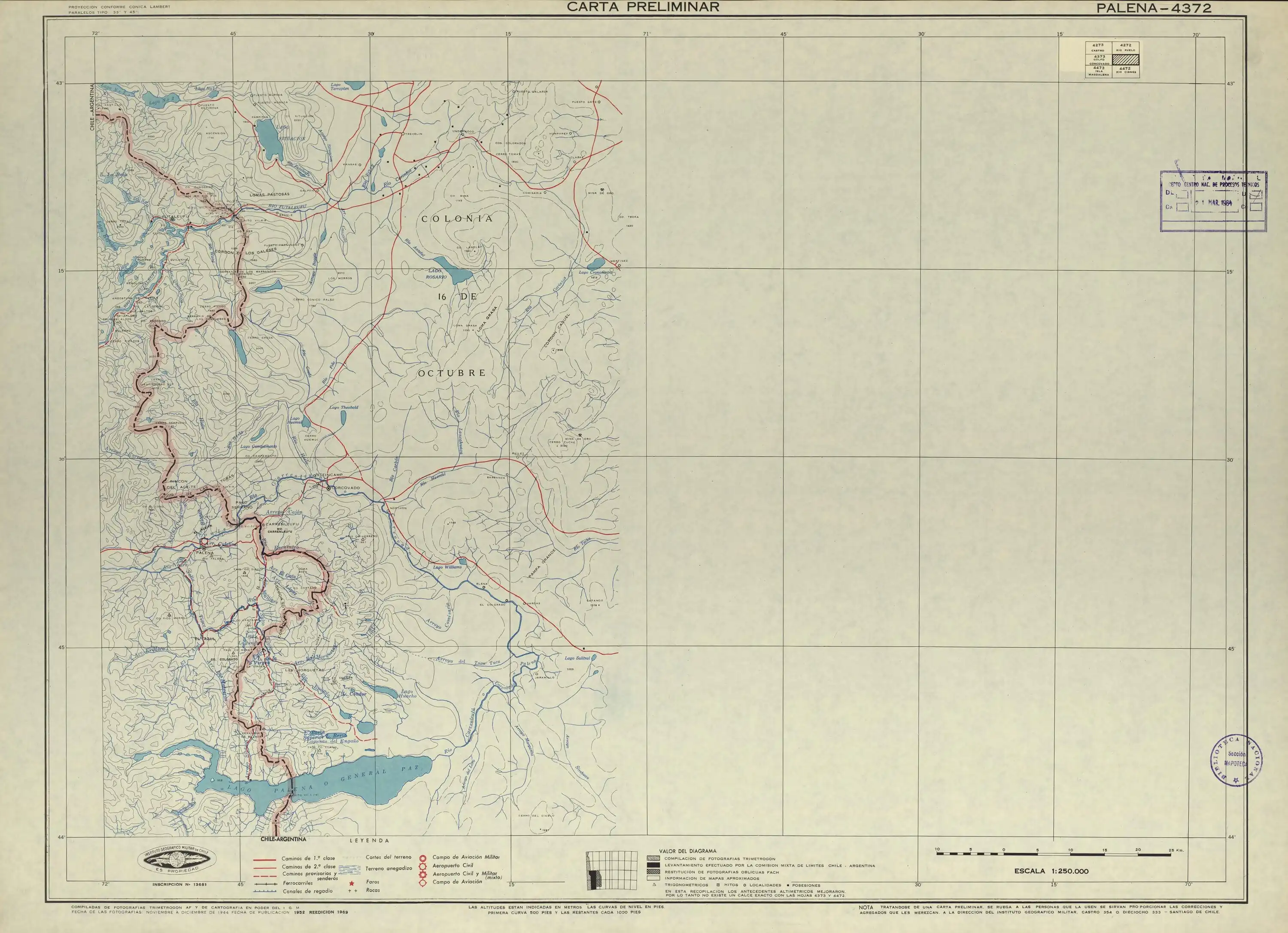 El río Palena, el río Encuentro, el río del Salto, Engaño o Tigre en una sección de un mapa publicado por el Instituto Geográfico Militar de Chile en 1952 (impreso en 1969 con el límite del laudo de 1966) con una escala de 1:250000.