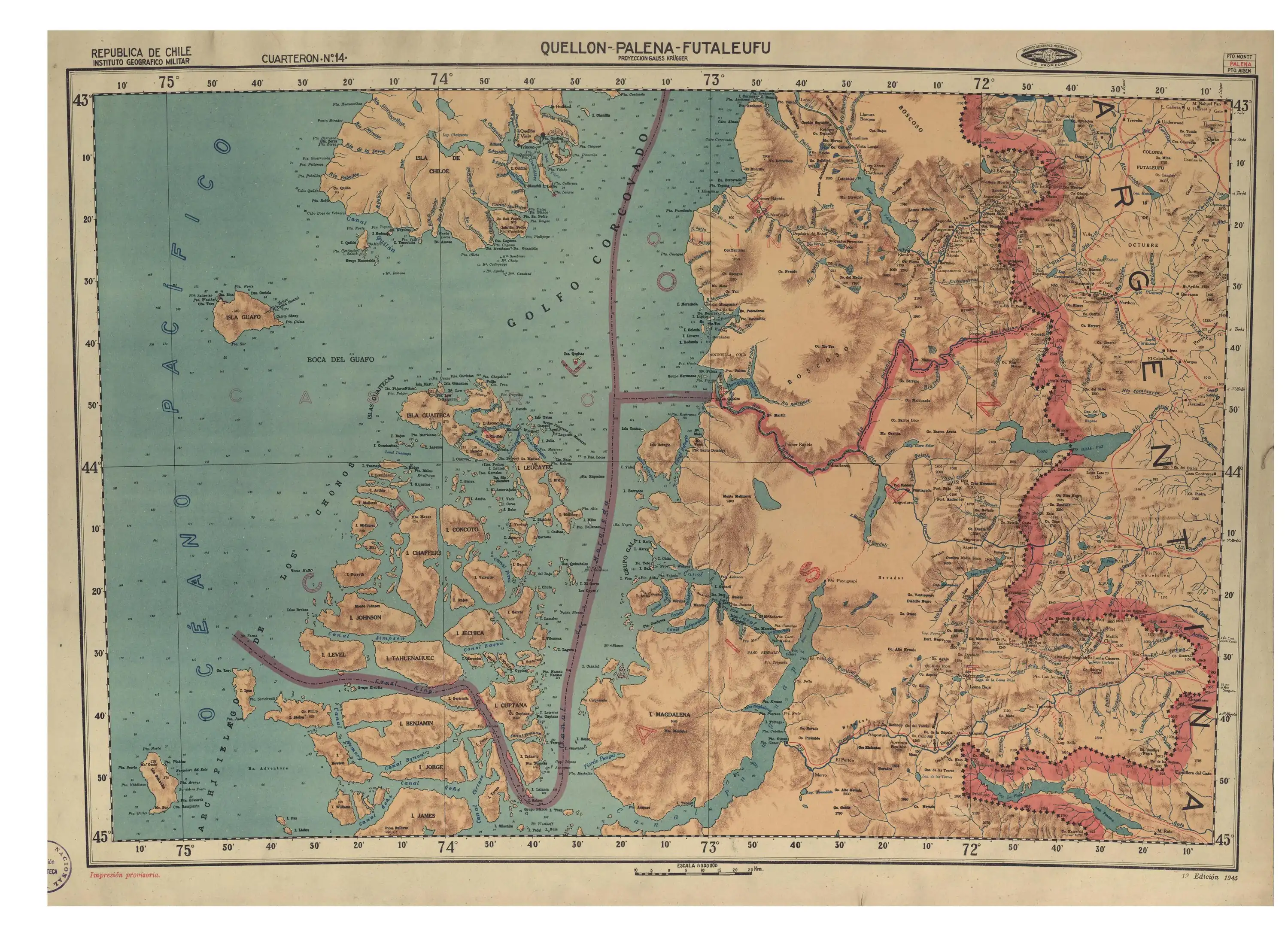 Mapa de la zona publicado por el Instituto Geográfico Militar de Chile en 1945 con una escala de 1:500000. El lago Yaldad no aparece en el mapa.