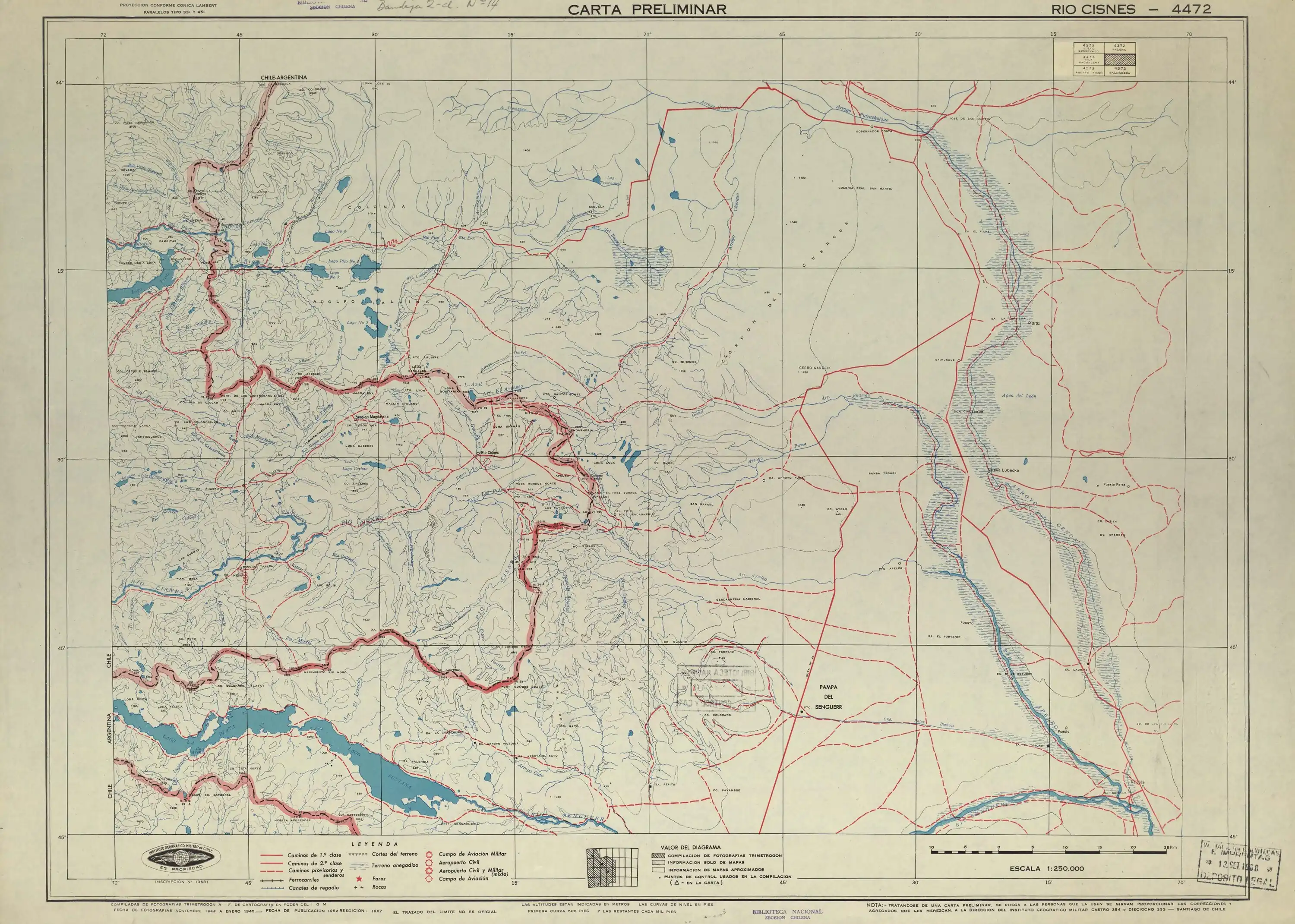 El río Moro en un mapa del Instituto Geográfico Militar (Chile) publicado en 1967 en escala 1:2500000