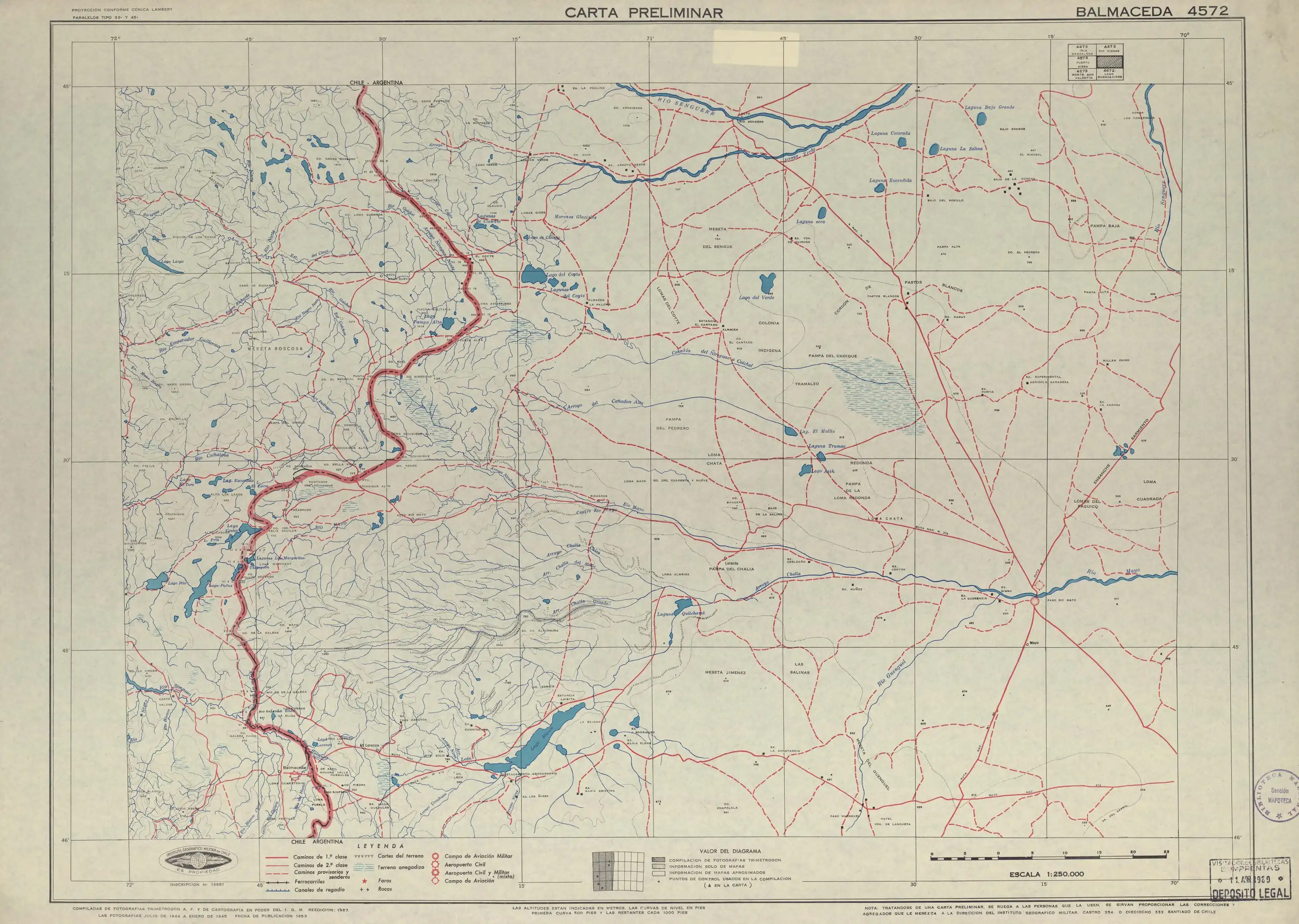 Sección del mapa de la zona publicado por el Instituto Geográfico Militar (Chile) en 1950 en una escala de 1:250000. El lago Misterioso es el