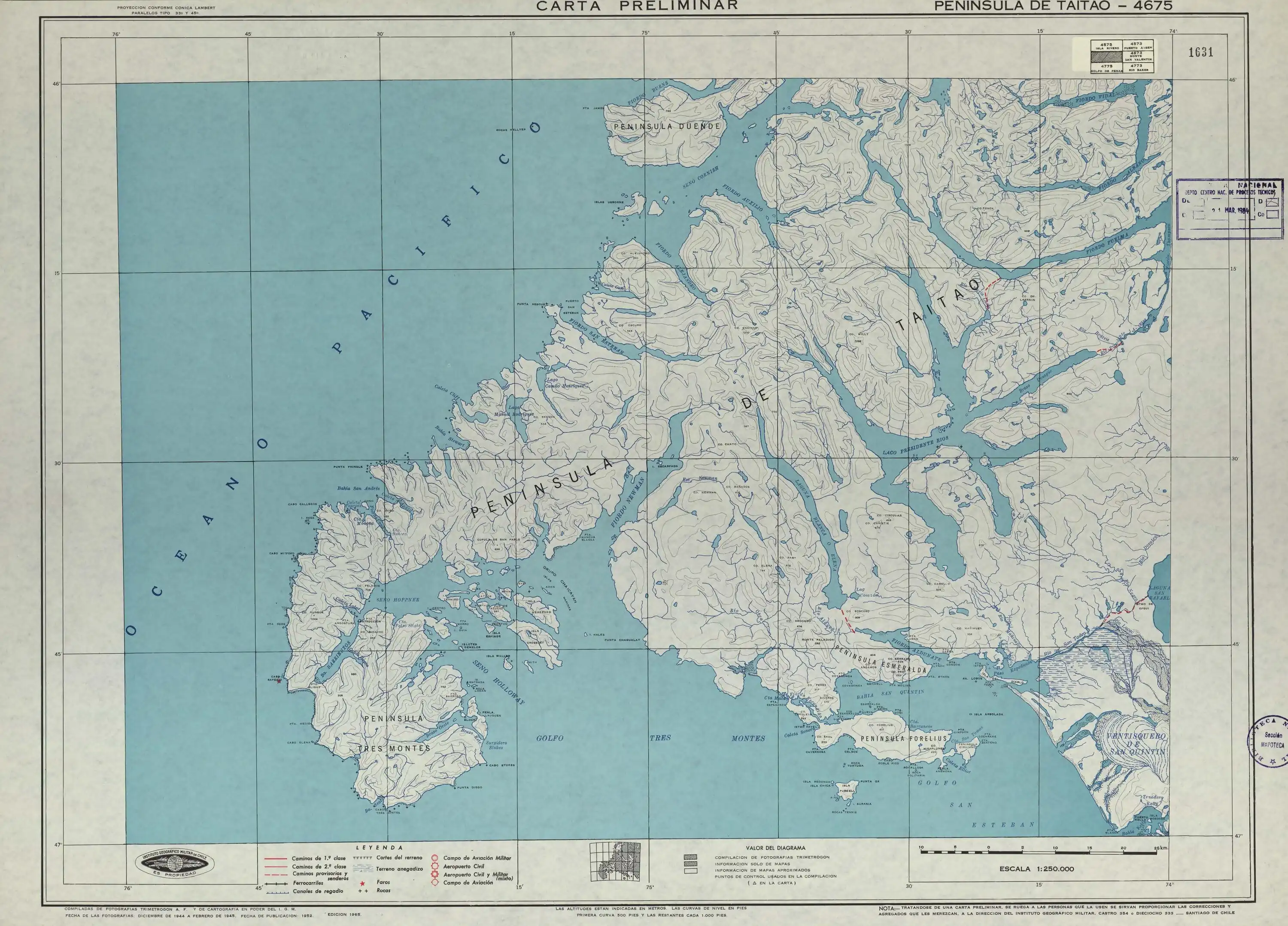 Cuenca del río en una sección de un mapa del Instituto Geográfico Militar de Chile publicado en 1954 con una escala de 1:250000.